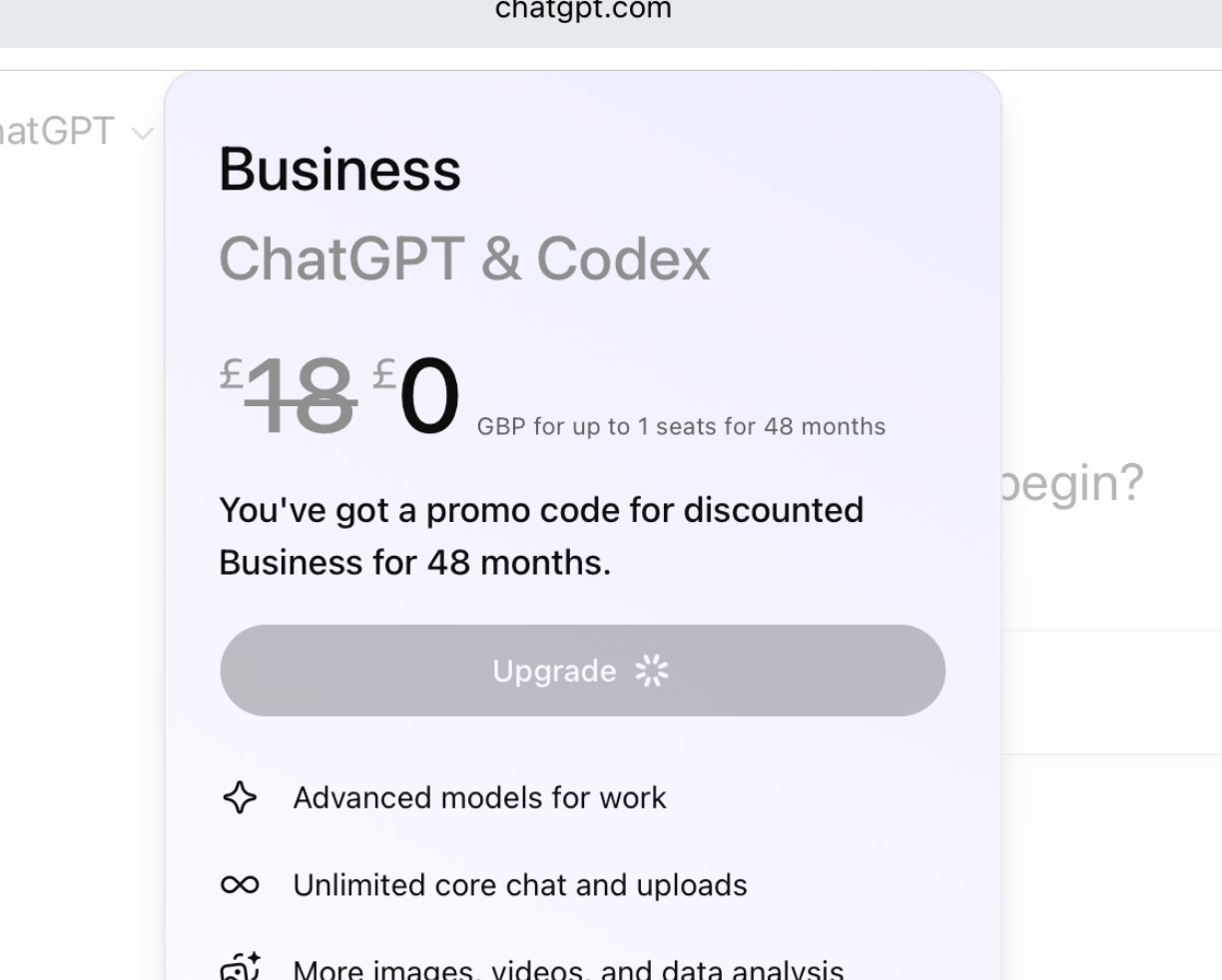 ChatGPT Business 买一送一活动截图